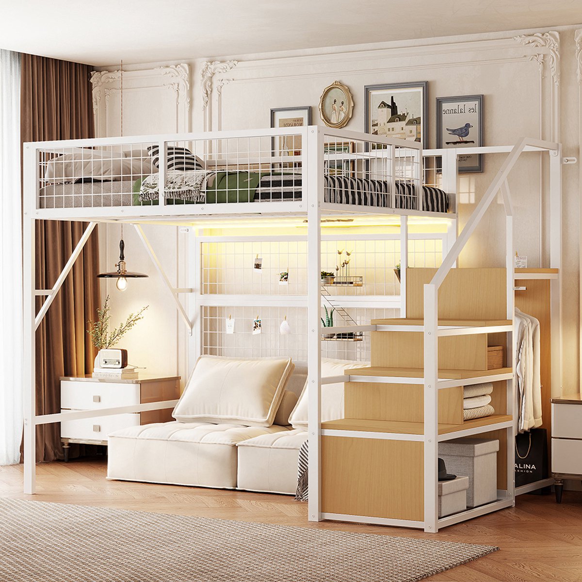 KOMHTOM IJzeren bed, stapelbed, hoogslaper 140*200, geschikt voor kinderen en tieners Veelzijdige metalen hoogslaper met app-gestuurde LED-lichtbalken, trap met opbergruimte, open kast, wit