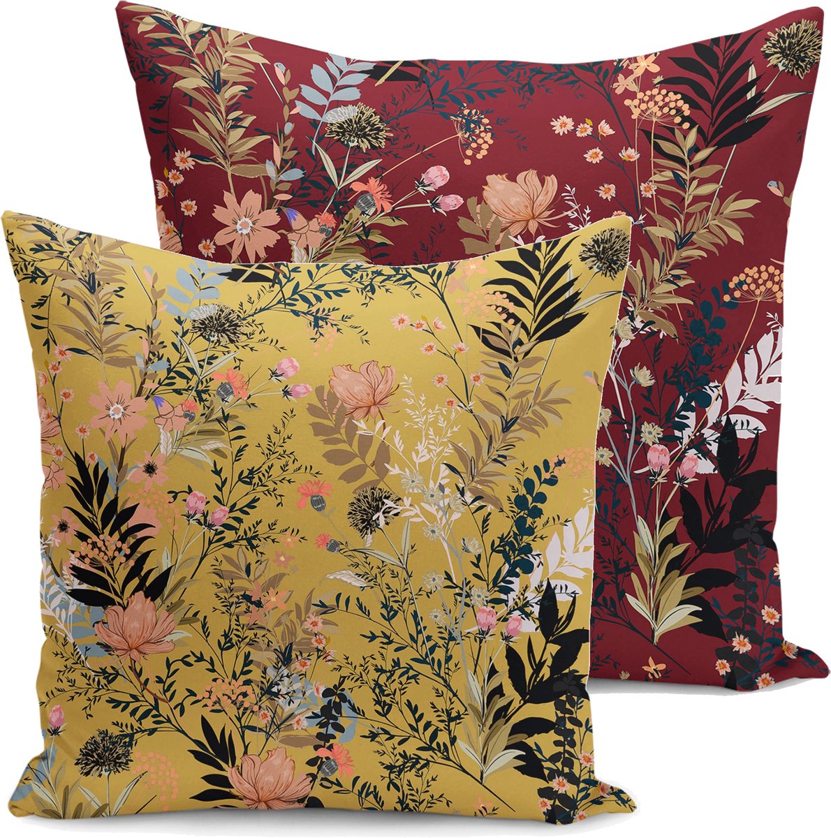 De Groen Home Velvet Kussenhoesjes - kussenhoes set van 2 - 45x45 - Bloemen op Bordeaux & Geel - Aan beide zijdig bedrukt