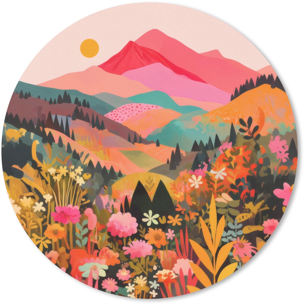 Muismat rond 50x50 cm - Mousepad Zonsondergang - Bergvallei - Contrast - Ronde muismatten