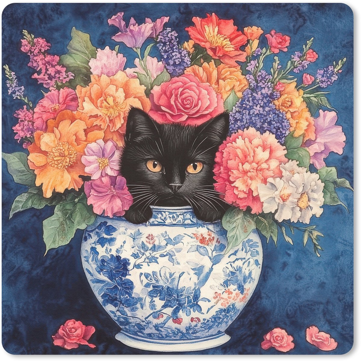 Muismat 20x20 cm - Mousepad Kat - Felgekleurde bloemen - Vaas - Muismatten