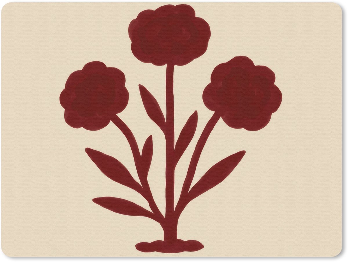 Muismat 23x19 cm - Mousepad Bloemen - Bladeren - Rood - Minimalistisch - Muismatten