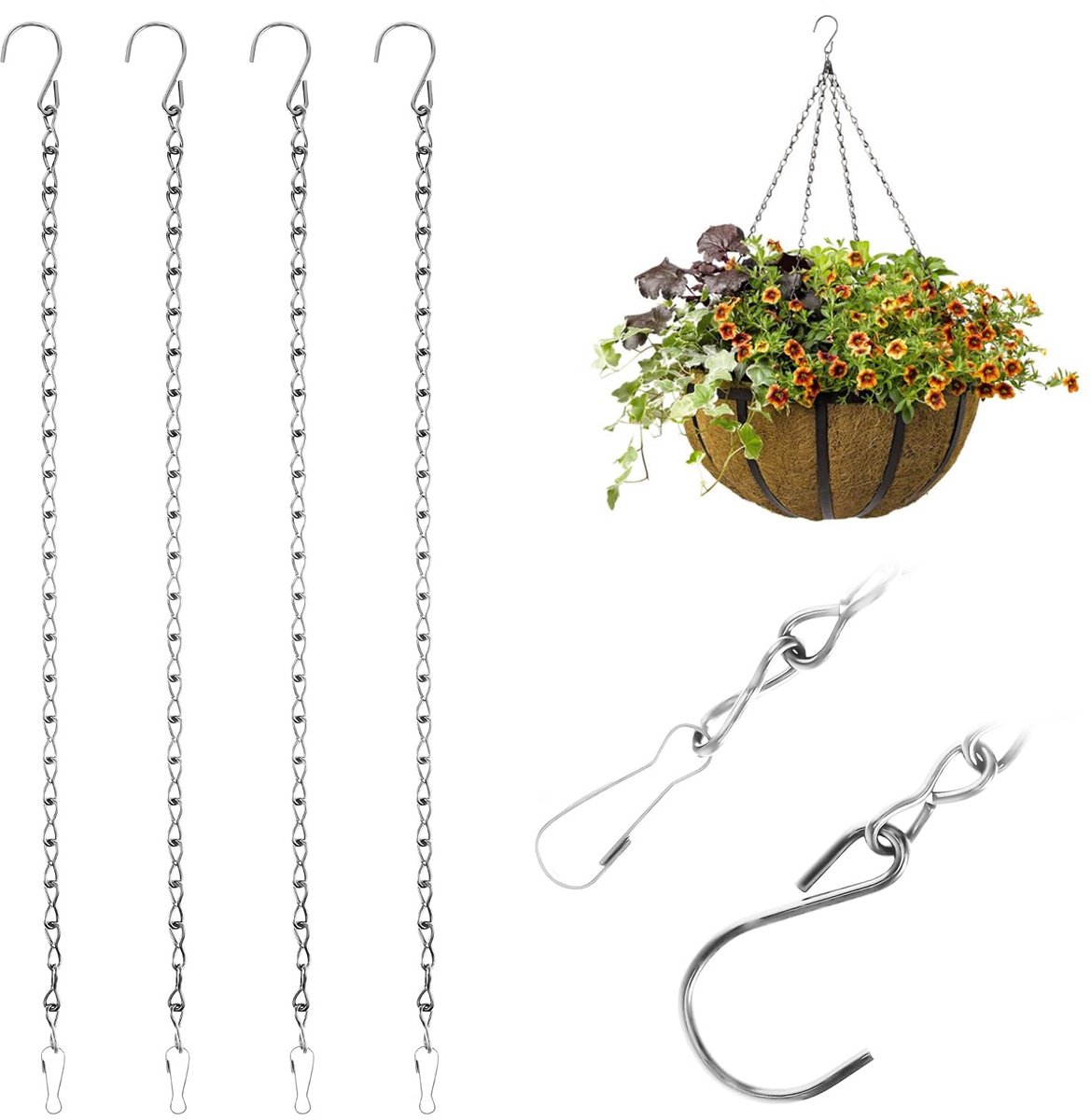 4 Stuks Metalen Ophangkettingen - Met Haken 50 cm - Voor Bloempotten, Hangmanden, Vogelhuisjes, Lantaarns, Reclameborden en Windgong - Zilver