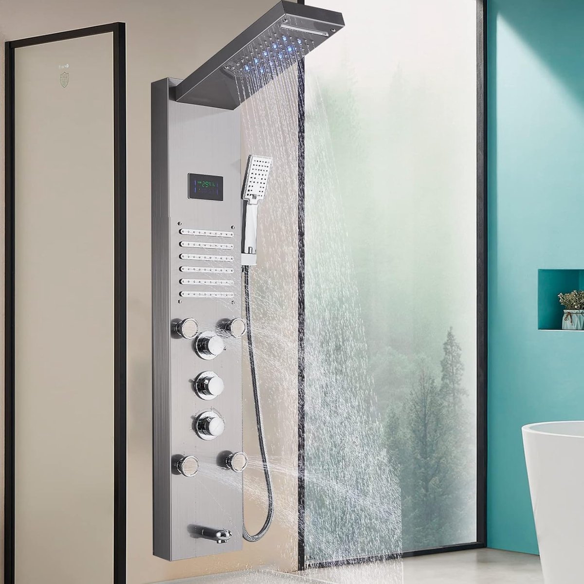 Douchekolom Douchepaneel voor badkamer Hydromassage 5 stralen Douchesysteem Multifunctioneel douchepaneel 4 grote massagestralen Geborsteld nikkel