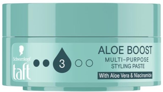Mintgroen potje met Taft logo, "ALOE BOOST MULTI-PURPOSE STYLING PASTE" en "With Aloe Vera & Niacinamide".