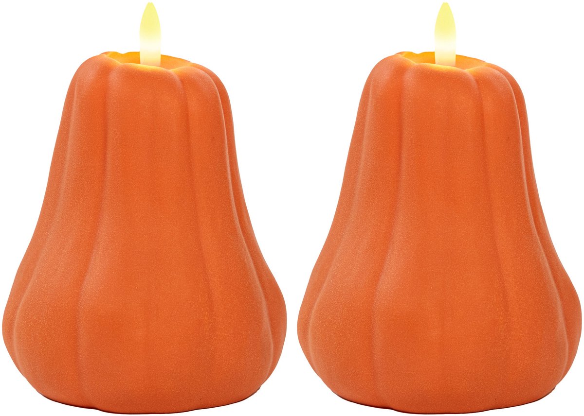 Anna's Collection LED pompoen kaars - 2x - oranje - D13 x H11 cm - met timer