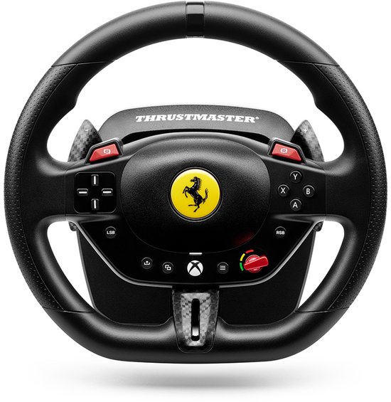 Zwart racestuur met Ferrari-logo, compatibel met Xbox Series X|S.