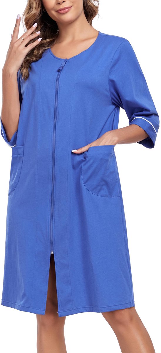 Dames Badjas - 100% Katoen Lichtgewicht Kort Model met 3/4 Mouwen, Ritssluiting en Zakken - Donkerblauw, Maat S