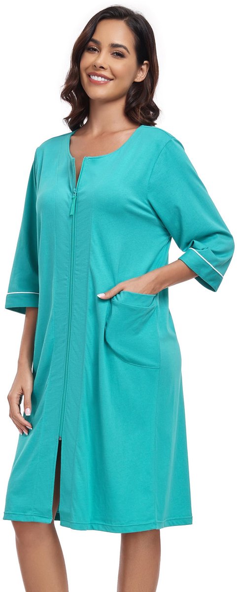 Dames Badjas - Lichtgewicht 100% Katoen met 3/4 Mouwen, Ritssluiting en Zakken, Kort Model - Azurblauw 2XL
