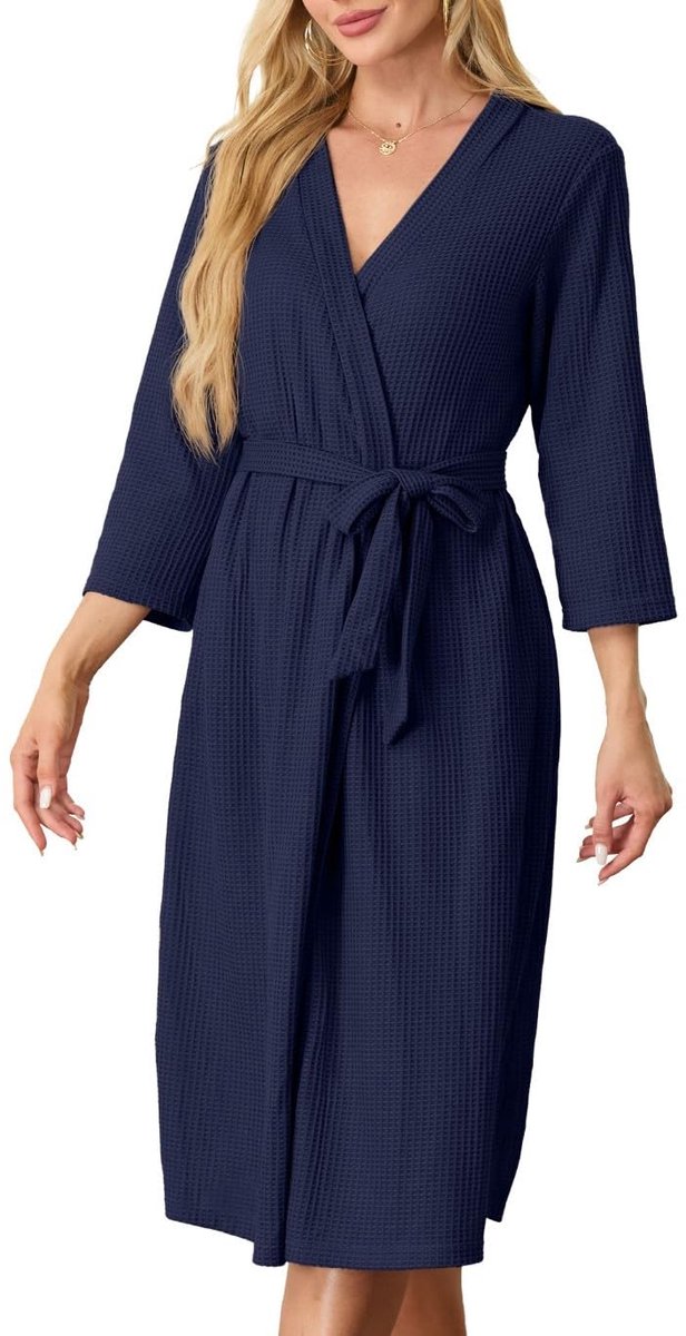 Dames Kimono Badjas - Lichtgewicht Wafelstof - Met 3/4 Mouwen en V-hals - Marineblauw, Maat S