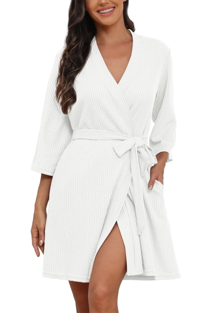Dames Badjas - Lichtgewicht Korte Wafelstof Kimono met 3/4 Mouw - Voor Reizen, Sauna & Loungewear - Wit, Maat M