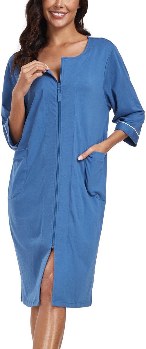 Dames Badjas - 100% Katoen Lichtgewicht - Kort Model met 3/4 Mouwen en Ritssluiting - Blauw, Maat M
