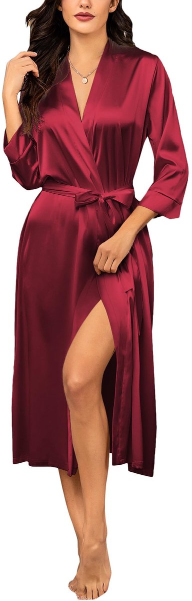 Kimono Morgenmantel - Lange Lichtgewicht Satijnen - Met Zakken - Dames Nachtkleding - Wijnrood - Maat M