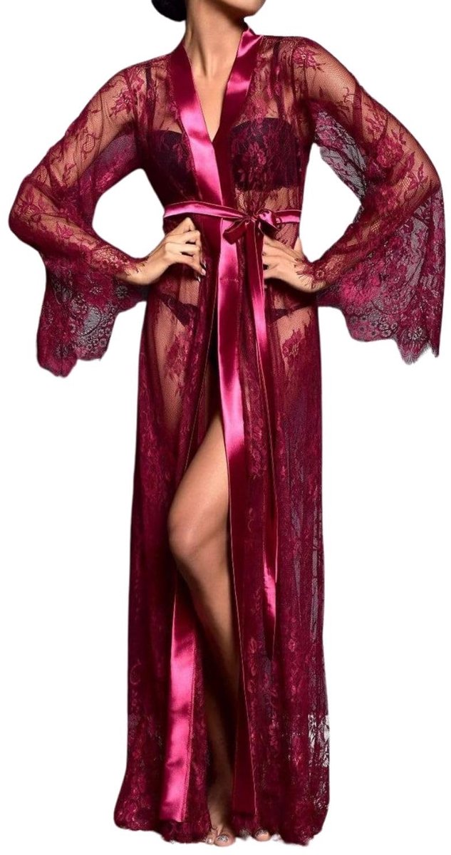 Dames Kanten Kimono Badjas - Met Satijnen Riem - Transparant Lang Nachthemd - Bourgondisch Rood, Eén maat