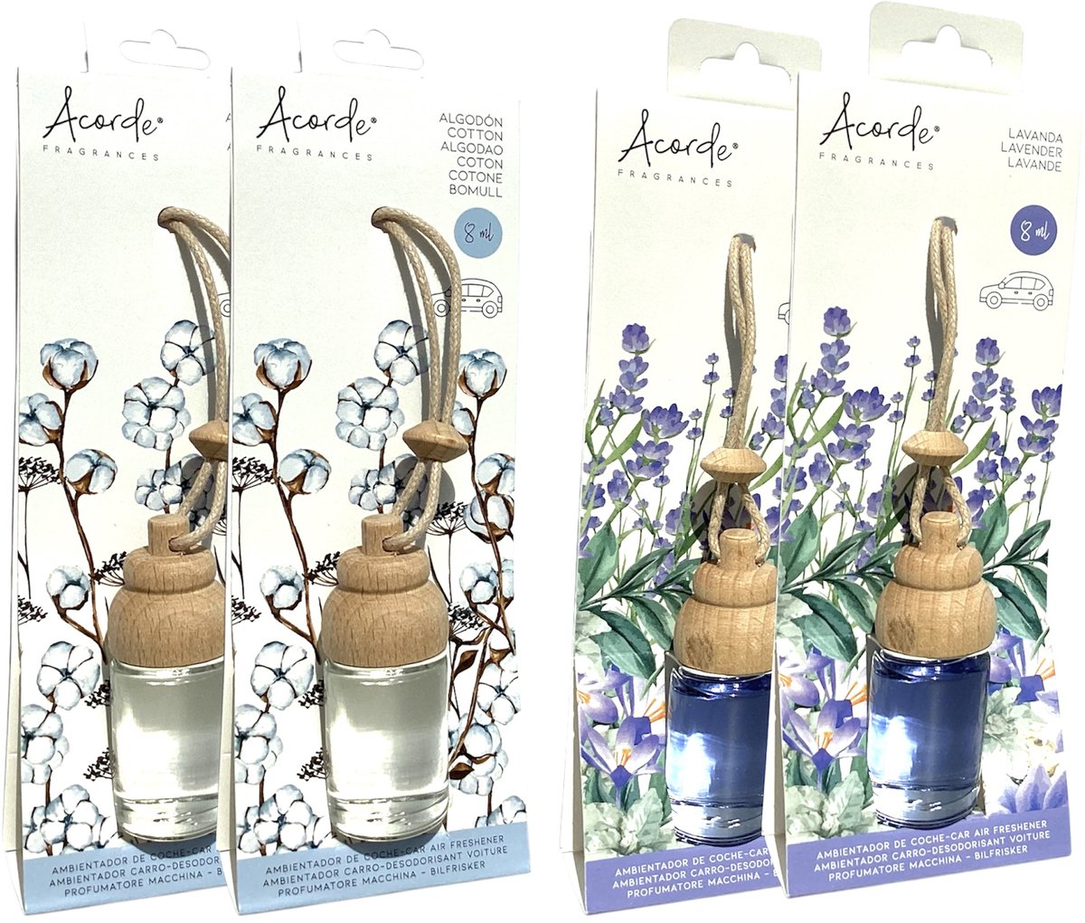 Luchtverfrisser toilet 4x - Katoen / Lavendel - Cotton / Lavender - 8 ml - Hanger - Hangers - Verfrisser - Geurverfrisser - Parfum - Geur - Hout - Houten - Geurflesje - Fles - Flesje - Flesjes - Glas - Glazen - Klein - Kleine - Wc