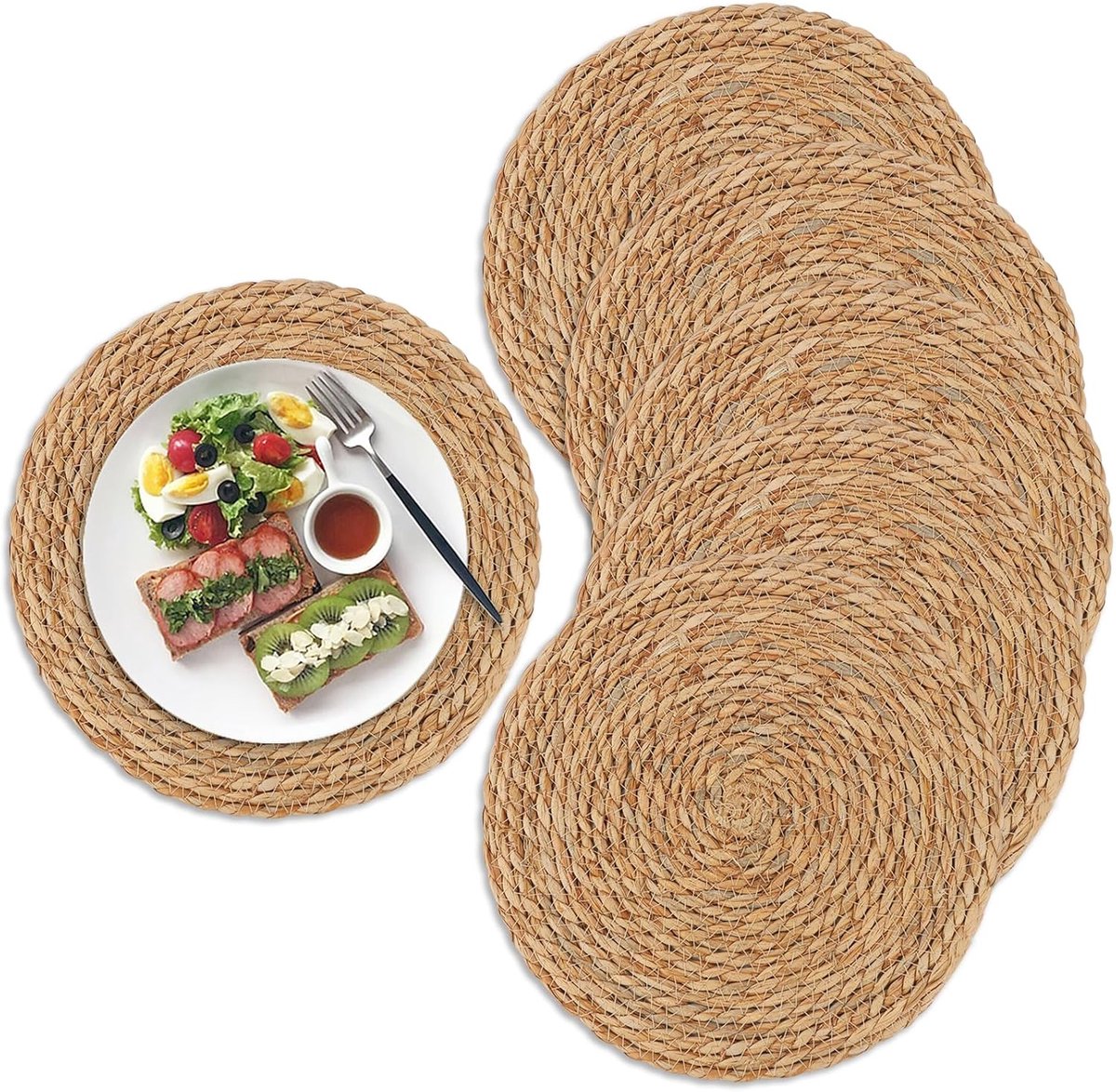 Set van 6 placemats - Placemats - Pannenlappen - Geweven placemats - Rotan placemats - Rond - Handgeweven -30cm - Placemats - Tafeldecoratie - Eettafel, Huis, Bruiloft - Rieten placemats - 12 inch - Bruin