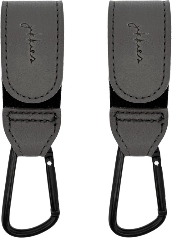 Set van twee donkergrijze Jikkies tassenhaken met klittenband en karabijnsluiting.