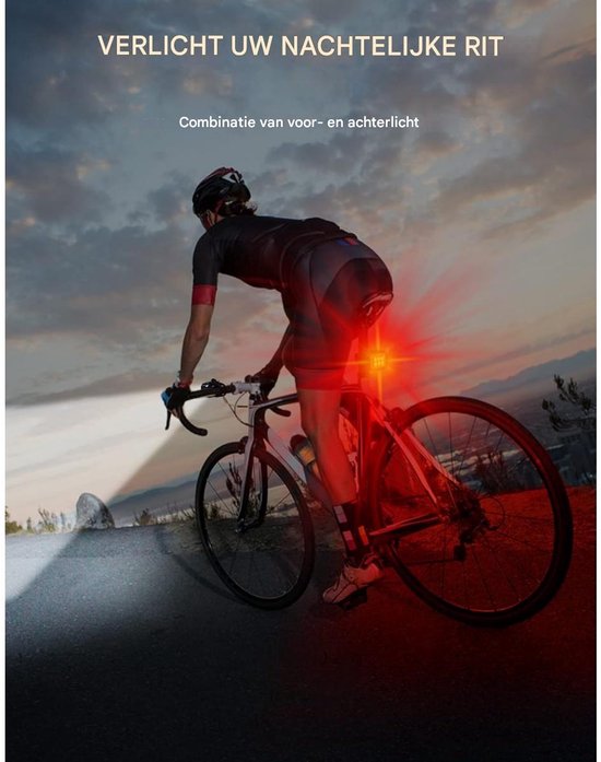 EXCITAT Fietslampjes - Fietsverlichting - Voorlicht en Achterlicht - IPX6 Waterdicht - 8+12 Lichtstanden - USB oplaadbaar - Zwart — afbeelding 2