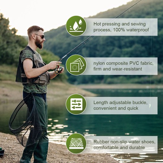 Man met camouflagevest, vissend bij een meer. Kenmerken: 100% waterdicht, slijtvast nylon, verstelbare gesp.
