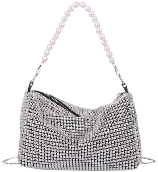 Pochette à Glitter argentées pour femme avec Collier de perles – Sac de soirée en cuir synthétique – Sac à main festif avec chaîne amovible pour soirée et Gala