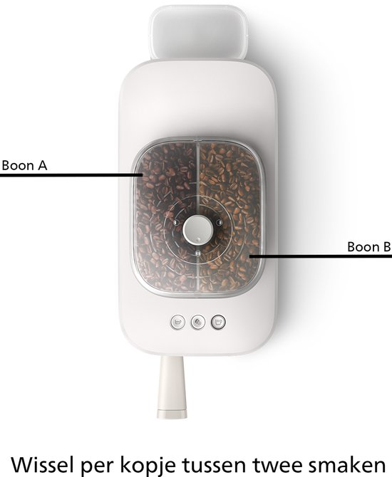 Bovenaanzicht witte Philips Baristina met Bean Swap. Twee soorten bonen, 'Boon A' en 'Boon B', worden getoond.