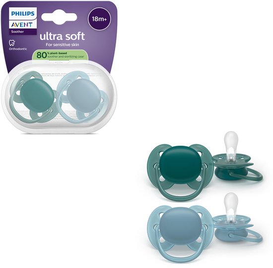 Philips Avent Ultra Soft fopspenen in donkergroen en lichtblauw, 18m+, met plant-gebaseerde sterilisatiehoes.