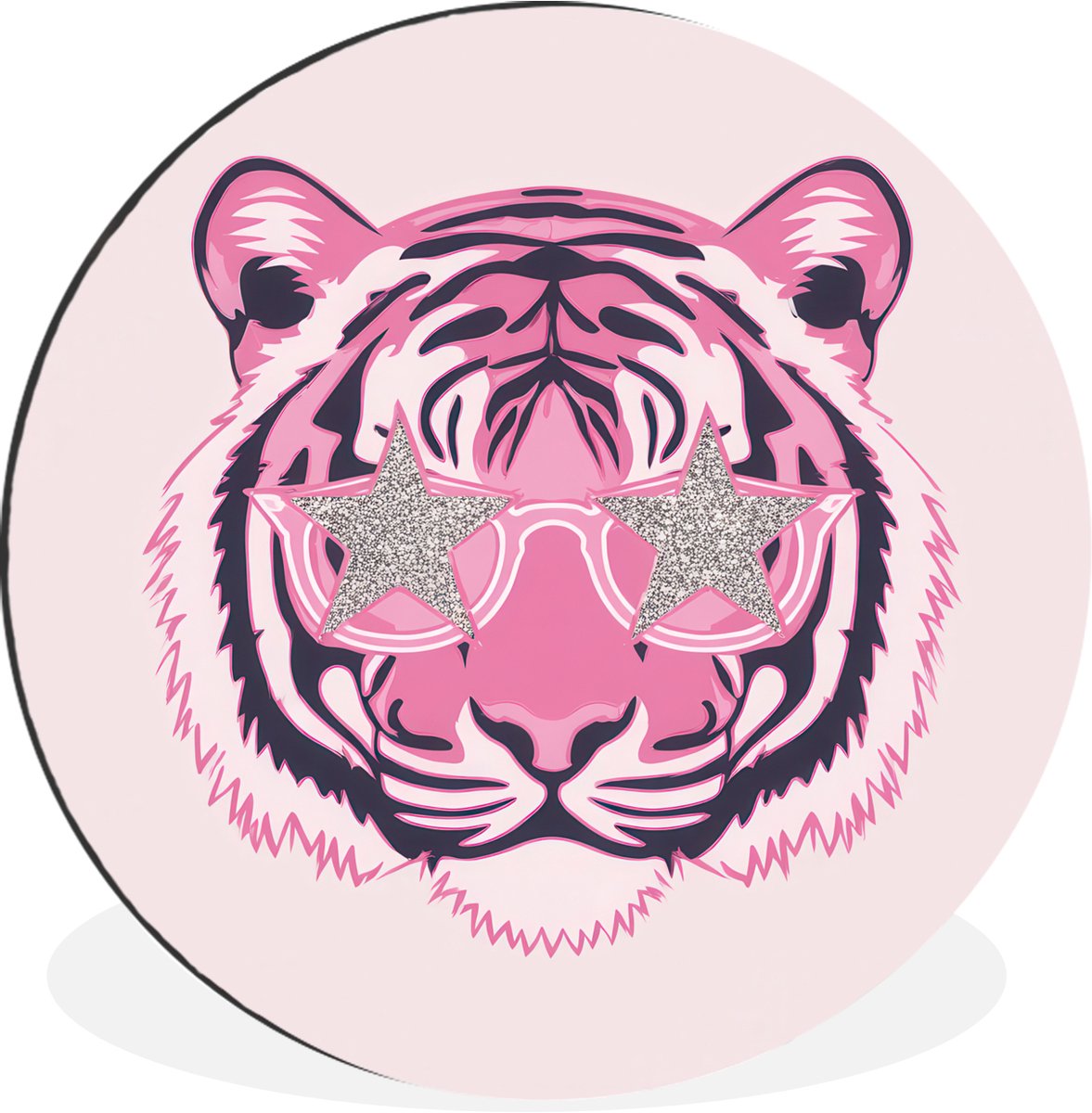 WallCircle Wandcirkel - Muurcirkel - Tijger - Glitterzonnebril - Roze - Aluminium - Dibond - 90x90 cm - Binnen en Buiten Tijger - Zonnebril - Glitter