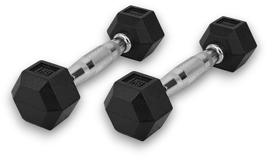 Deux haltères noirs hexagonaux de 1 kg avec poignées chromées.