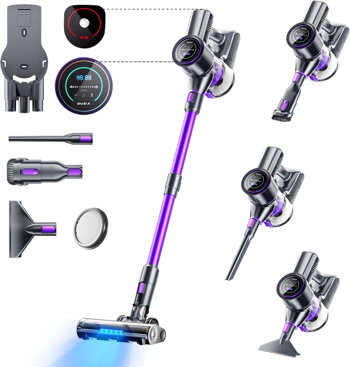 SmartAI P40 Steelstofzuiger Draadloos - - 65000Pa Steelstofzuiger - 8-in-1 stofzuiger - 3 Standen Zuigkracht - 2LEDs-Display - 20-70 Min Werktijd - 1,3L - Met Meubelborstel - Voor Tapijt, Harde Vloeren en Dierenharen - 620W - Lila