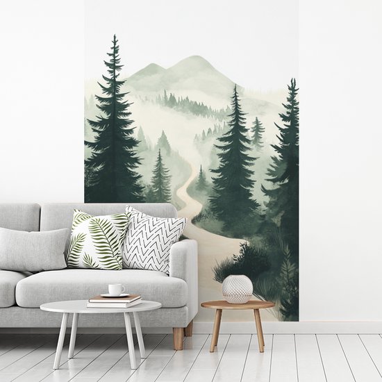 Behang - Fotobehang Pad - Bomen - Bos - Illustratie - Breedte 170 cm x hoogte 260 cm
