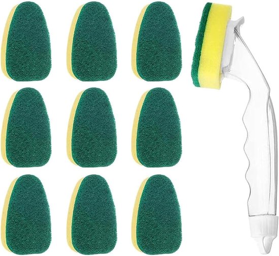 Brosse de nettoyage amovible avec long manche, rechargeable - comprend 1 manche + 9 têtes de brosse de rechange - convient pour nettoyer les casseroles/éviers/murs de cuisine