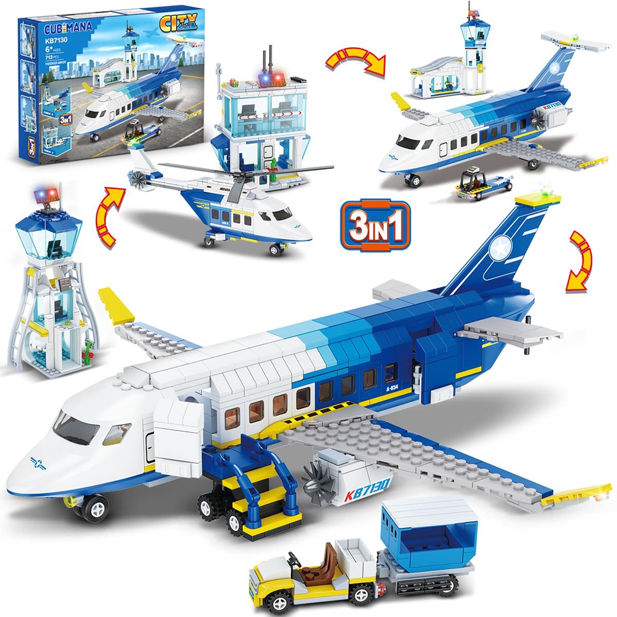 CUBIMANA City 3-in-1 Vliegtuigen Bouwpakket -711 stuks - Terminal Shave Tower Bagagekar Speelgoed Bouwsets volwassenen kinderen 6 jaar