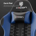 Neksteun van een blauwe en zwarte gamerstoel met HICON logo. Tekst: 'Cervi-Pad - High-density memory foam minimizes pressure points and provides comfort'.