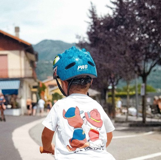Jongen met blauwe dinosaurushelm en Paw Patrol T-shirt, gezien vanaf de achterkant.