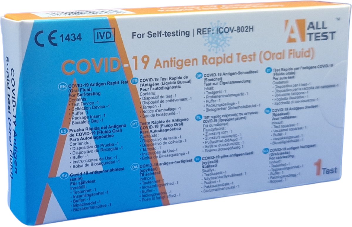 COVID-19 Antigeen Sneltest | Speeksel | Alltest | CE1434 | testen zonder neusswab | Zelftest op speeksel - 1 testkit