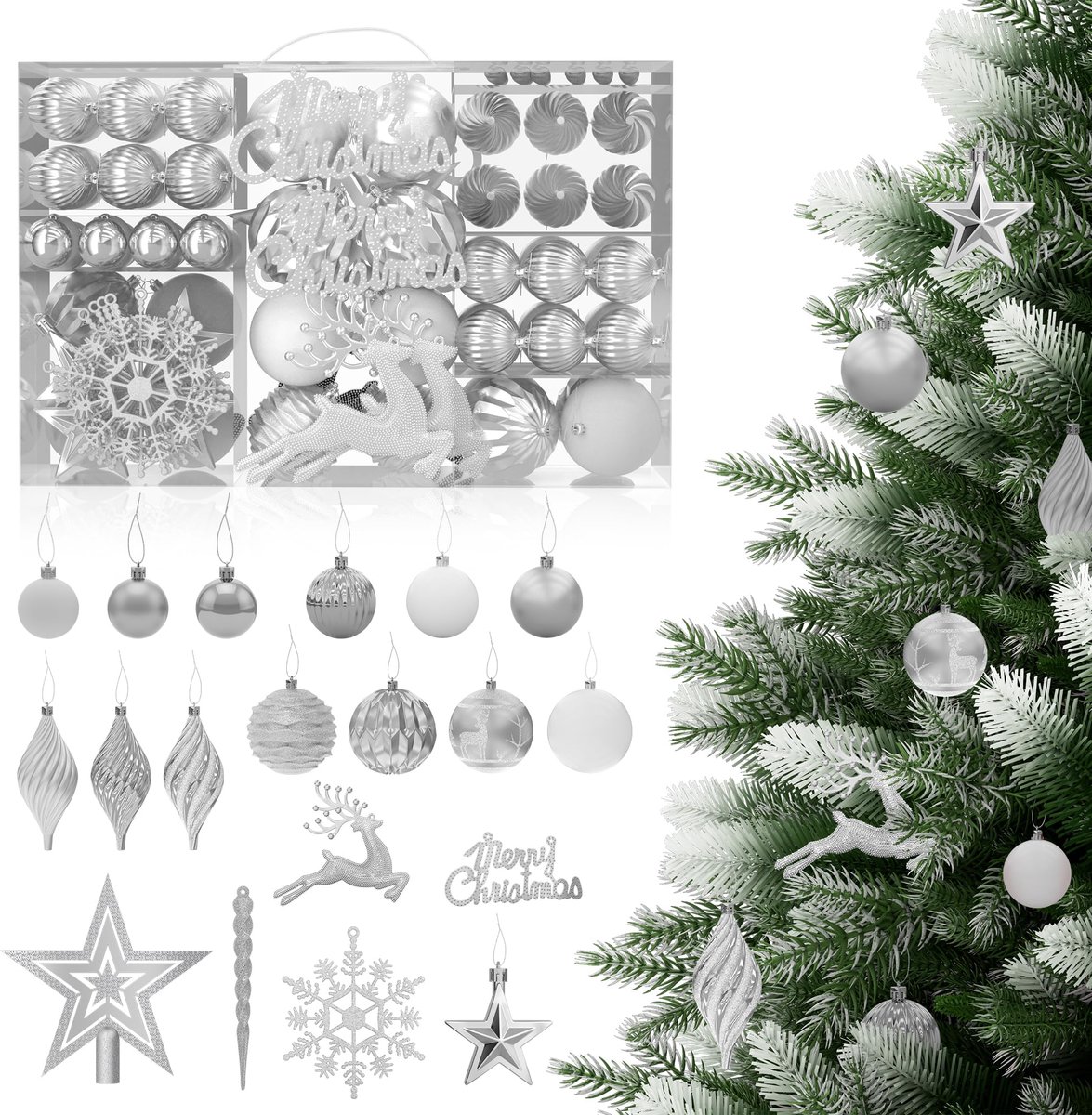 Aufun 108-delige set premium kunststof kerstballen, met boomtopper, kerstballen, ster, veilige kerstboomdecoratieset met ophanging, kerstballendoos, herbruikbare kerstboomdecoratie (zilver)