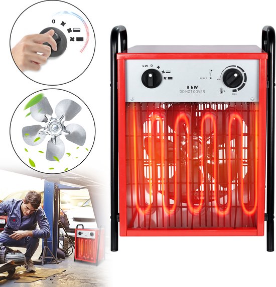 9KW Elektrische kachelventilator, industriële kachel, elektrische kachel met 3 warmtestanden, geïntegreerde thermostaat, overbelastingsbeveiliging, rood