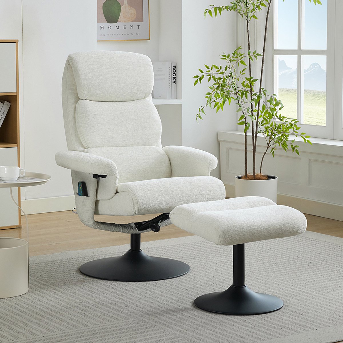 Pugsdrly Relaxfauteuil met kantelfunctie en 5-punts massage, tv-fauteuil met elektrische verwarming en voetsteun, 360° draaibaar, wit chenille