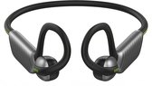 Grijze oraimo OpenCirclet 2 oortjes met een zwarte nekband en groene accenten, op zwarte achtergrond.