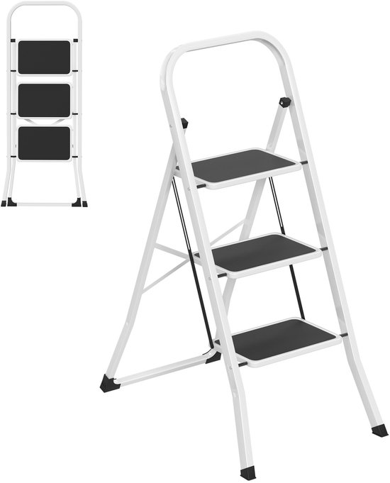 Witte inklapbare opstapladder met 3 zwarte antislip treden en een veiligheidsbeugel.