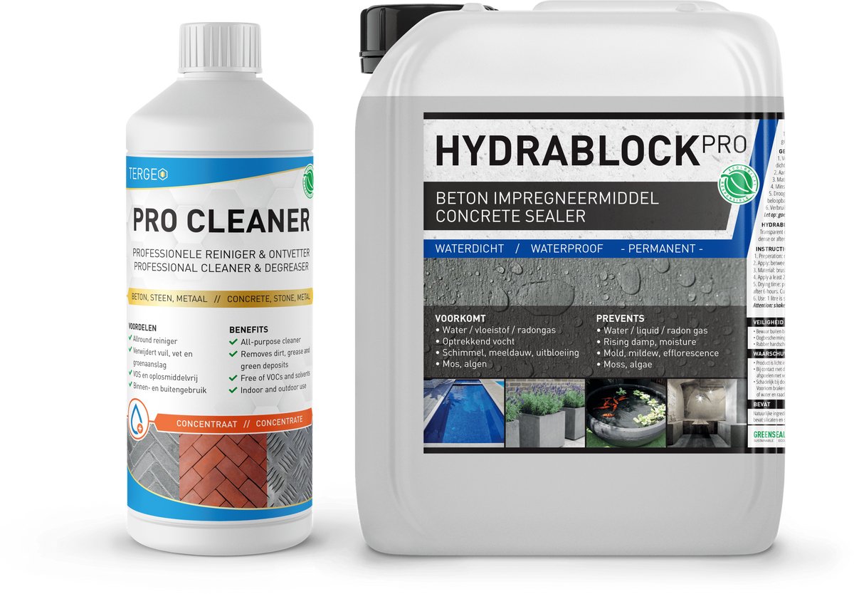Hydrablock Pro beton impregneermiddel 5L / 20m² + 1L Beton reiniger - Beton waterdicht maken - Optrekkend Vocht Buitenmuur - Kelder impregneren