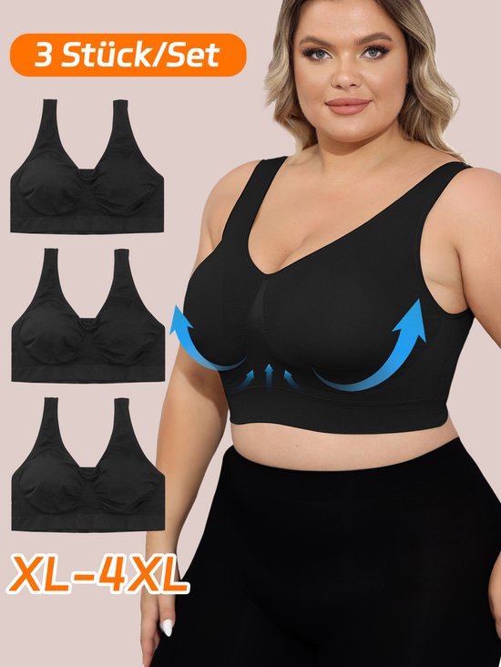 MEETHOO Dames beha in grote maten 3 -stuk/set - Comfort BH zonder beugel - Met uitneembare bh vulling - Extra comfortabele Sport BH - met push up - Magic bra - met pads-Zwart-3XL