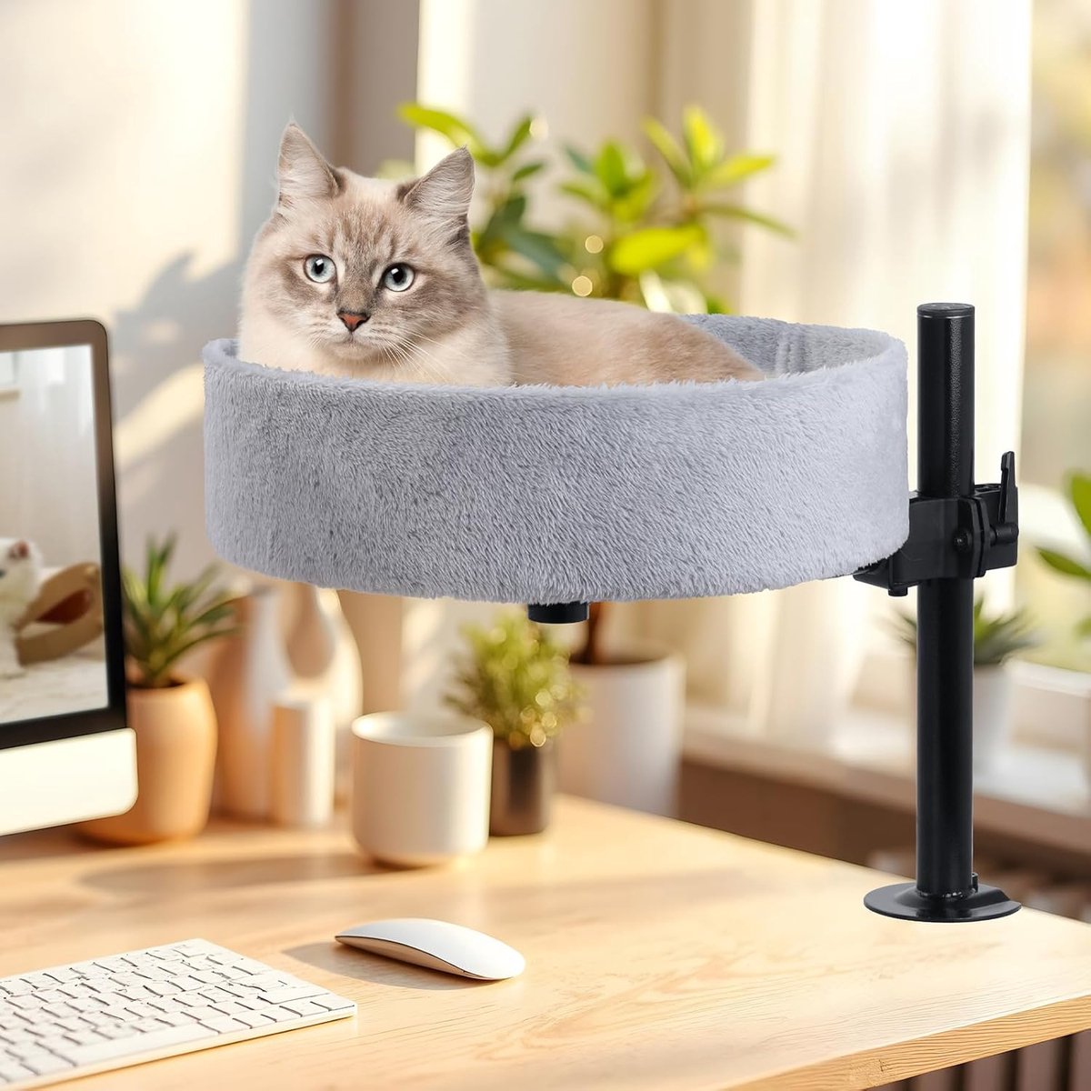 Imperatoris - Kattenbed voor Bureau - Geen Boren - 360 Graden Draaibaar - Verstelbare Hoogte - Verhoogd Kattenhuis - Katten Bed - Kattenmand - 41 x 41 x 10.5 cm - XL - Grijs