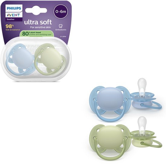 Verpakking met twee fopspenen, één blauw en één lichtgroen. Beide met blauwe/lichtgroene randen. Twee losse fopspenen ernaast.