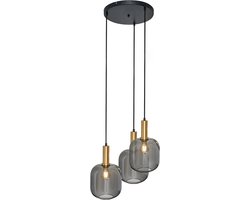 Hanglamp Zwart met Messing en Smoke Glas – 3-Lichts - Aura Trio Woonkamer, Eetkamer - Plafonniere E27 LED - Smoking Glas - 3-lichts - 3 bol - smokeglas