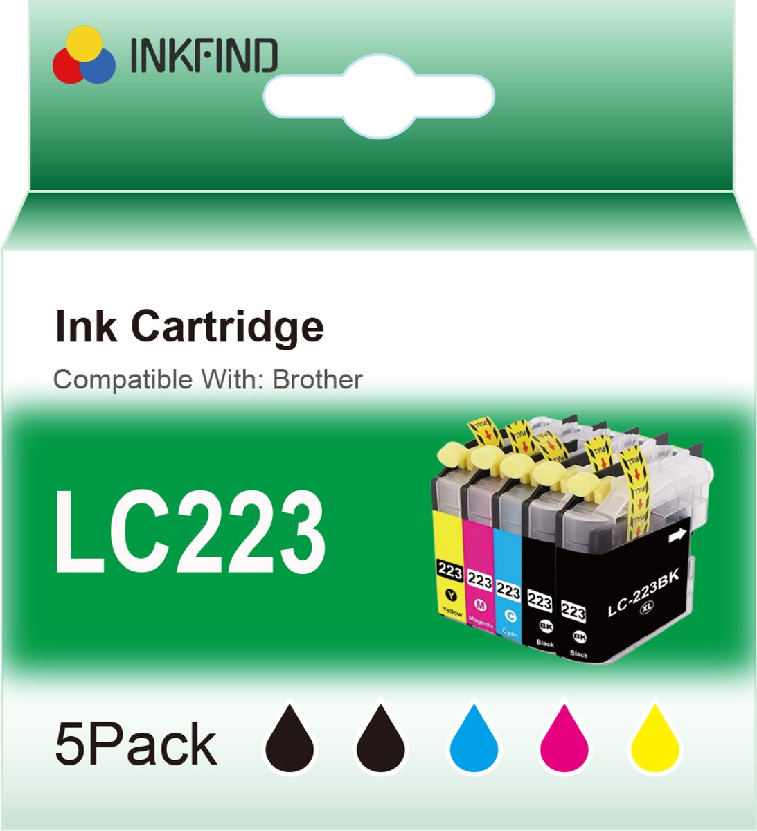 INKFIND LC223 inktcartridge geschikt voor Brother LC223 BrotherLC223 Brother LC-223 (2 x zwart, 1 x cyaan, 1 x magenta, 1 x geel) multipack 5 stuks voor Brother MFC J5320DW J4120DW J4420DW J880DW J480DW J4620DW J5620DW J680DW J5625DW J4625DW J5720DW