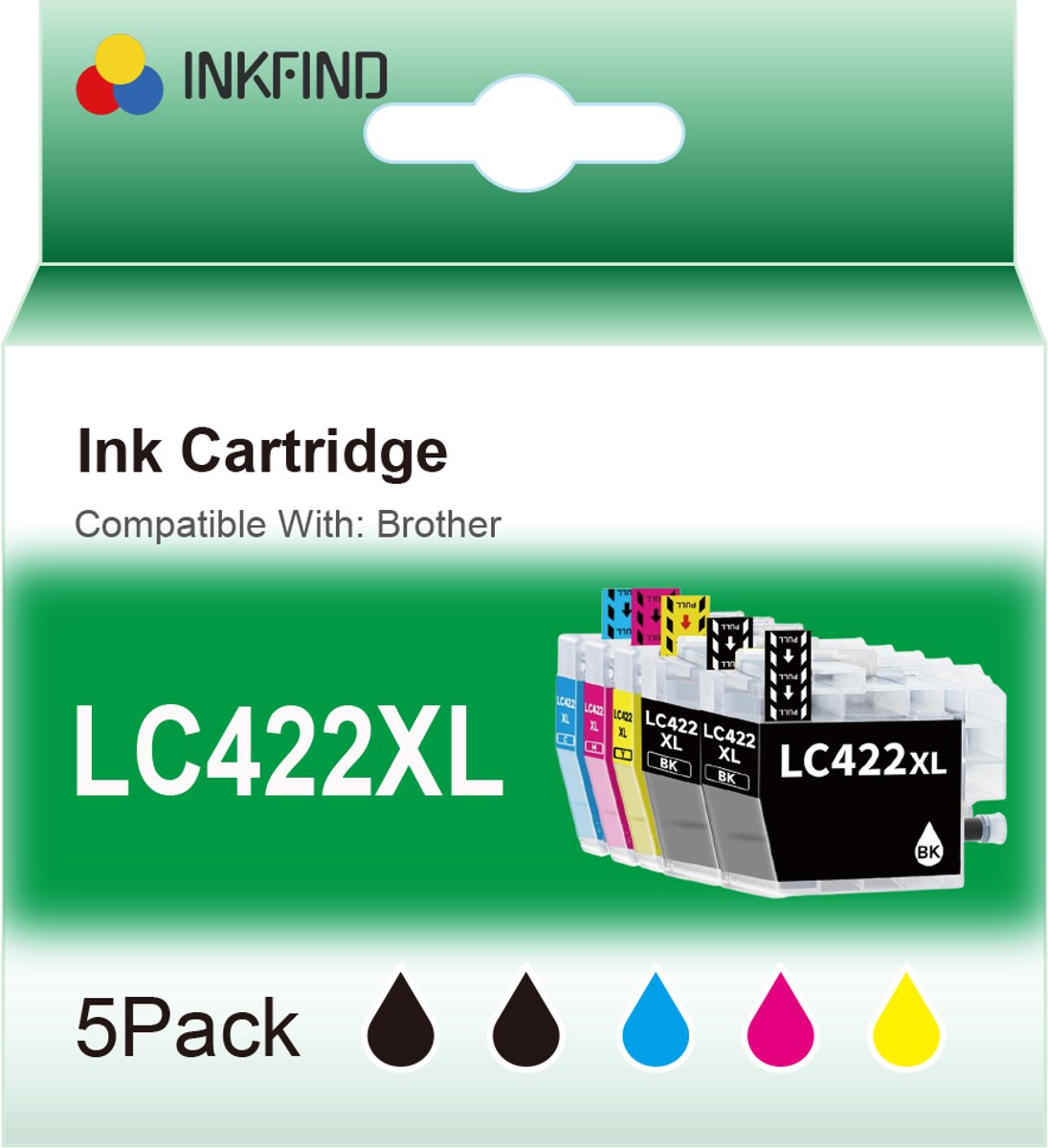 INKFIND LC422XL inktcartridge Geschikt voor BrotherLC422 Brother LC422 LC422XL Brother LC-422 Brother LC-422XL multipack 5 stuks (2 x zwart 1 x cyaan 1 x magenta 1 x geel) voor Brother MFC-J5340DW MFC-J5345DW MFC-J5740DW MFC-J6540DW MFC-J6940DW