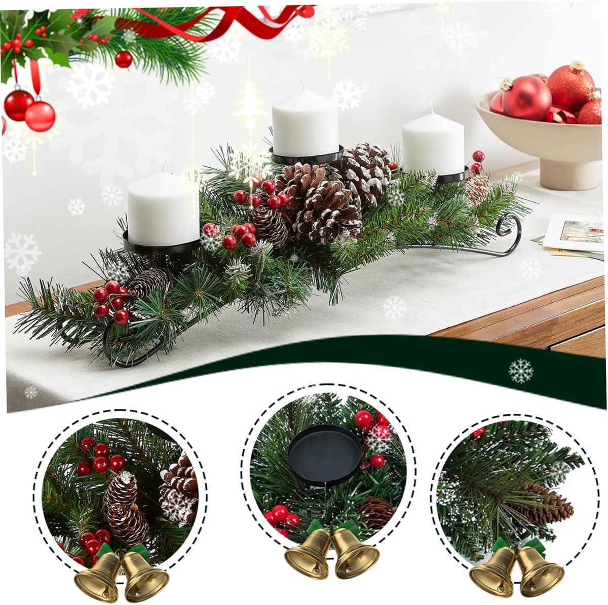 Kerst Tafeldecoratie met 3 Kandelaars – kerst Kaarsenhouder 45 cm –kerst Kandelaars- Waxinelichtjeshouder - Met Dennentakken, Rode Bessen en Dennenappels – Kerst Centerpiece voor Tafel of Haard – foto 4