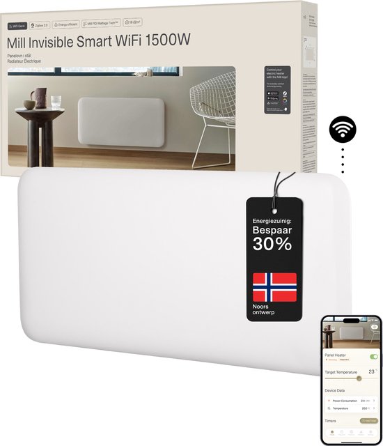 Verpakking van Mill Invisible Smart WiFi 1500W paneelverwarming met Noors ontwerp en label 'Bespaar tot 30%'.