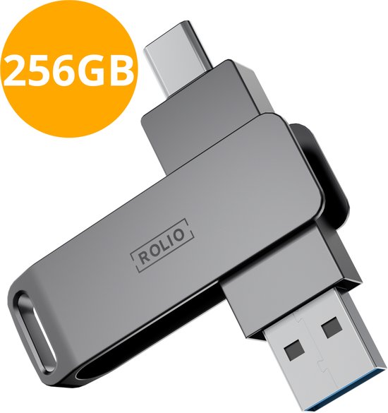 Rolio USB Stick 256 GB - USB C en USB A - 800Mbps - USB 3.0 - USB-C Stick - Plug & Play - Universeel - Geschikt voor alle Laptops / Smartphones / Tablets