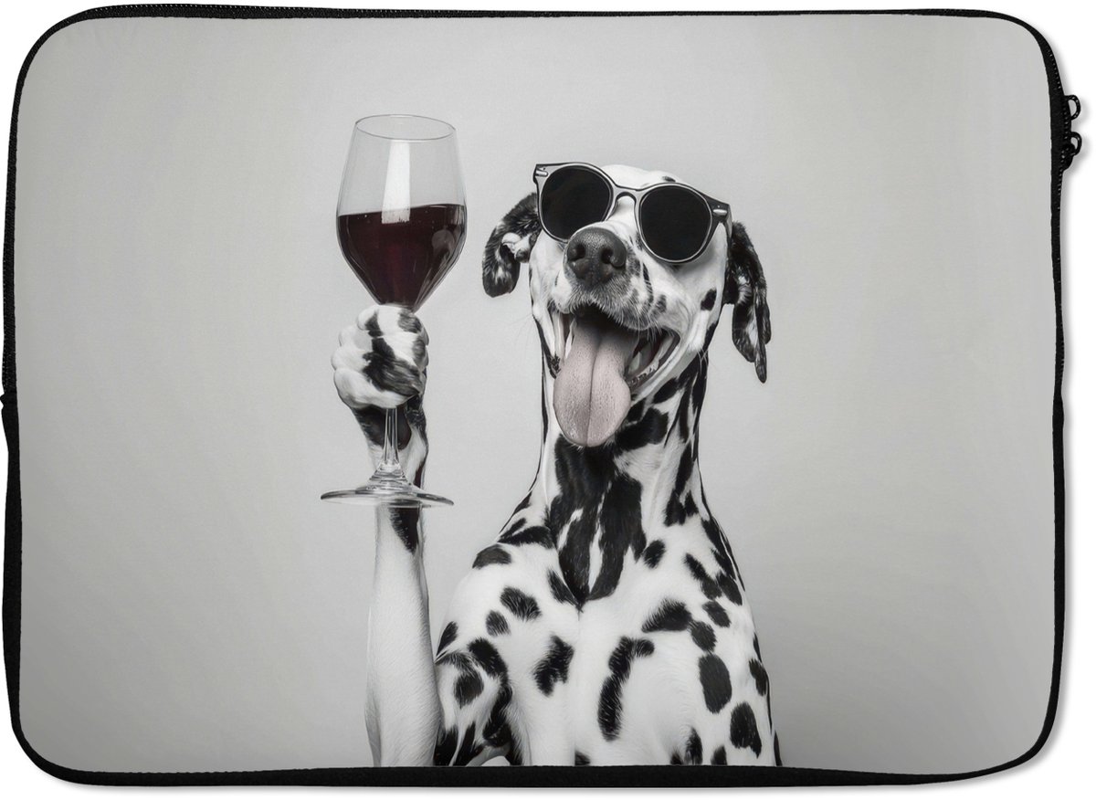 Laptophoes 13 inch - Zonnebril - Dalmatiër - Wijnglas - Tong - Laptop sleeve - Binnenmaat 32x22,5 cm - Zwarte achterkant
